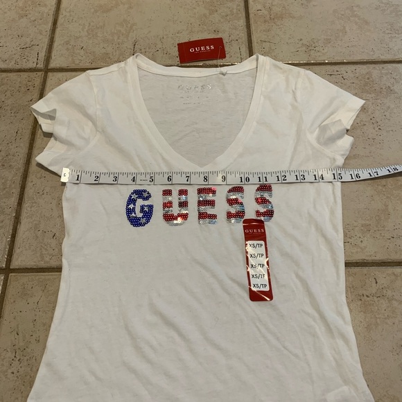 GUESS "JULY" Sequin Tee - Red, White & Blue Rhinestone Logo - Women's XS - Picture 4 of 6